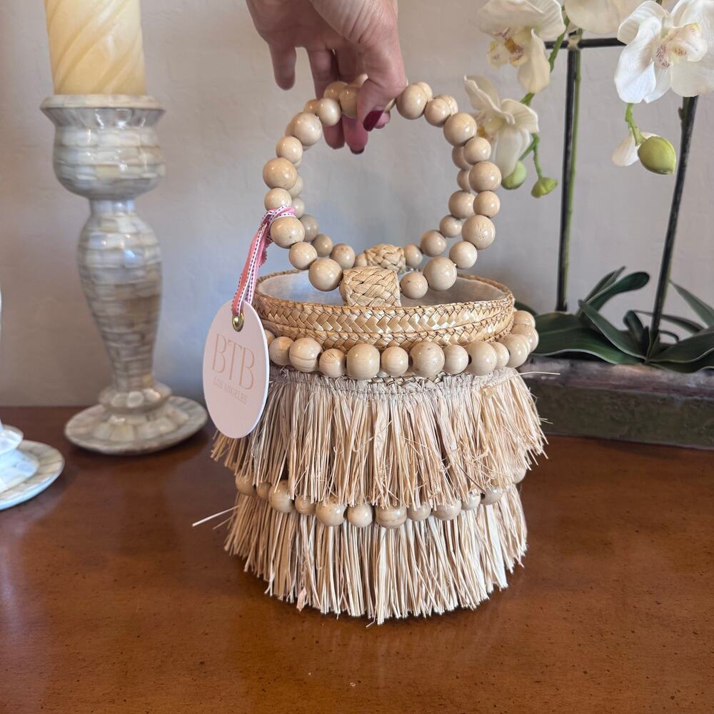 BTB Los Angeles Liv Round Bucket Bag Natural Raffia Fringe Beaded NWT